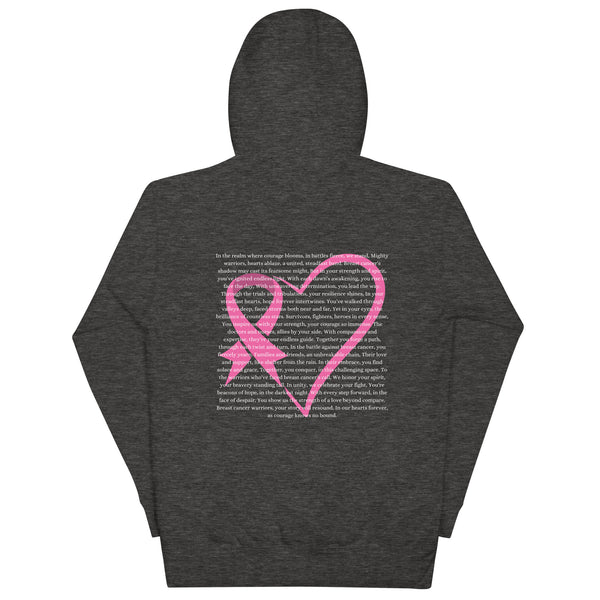 grey sweatshirt, pink heart with breast cancer awareness ribbon and poem