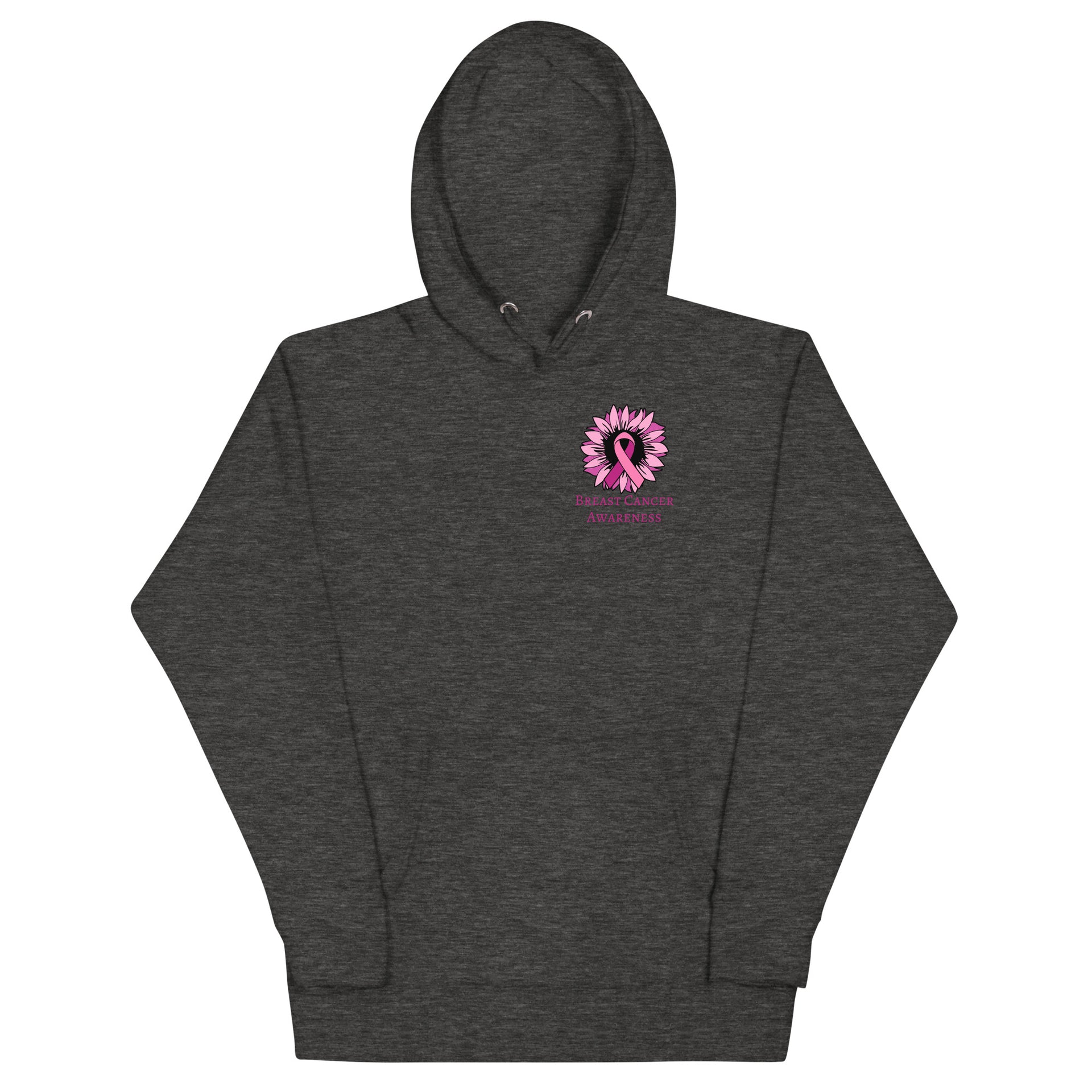grey sweatshirt, pink flower with breast cancer awareness ribbon and wording