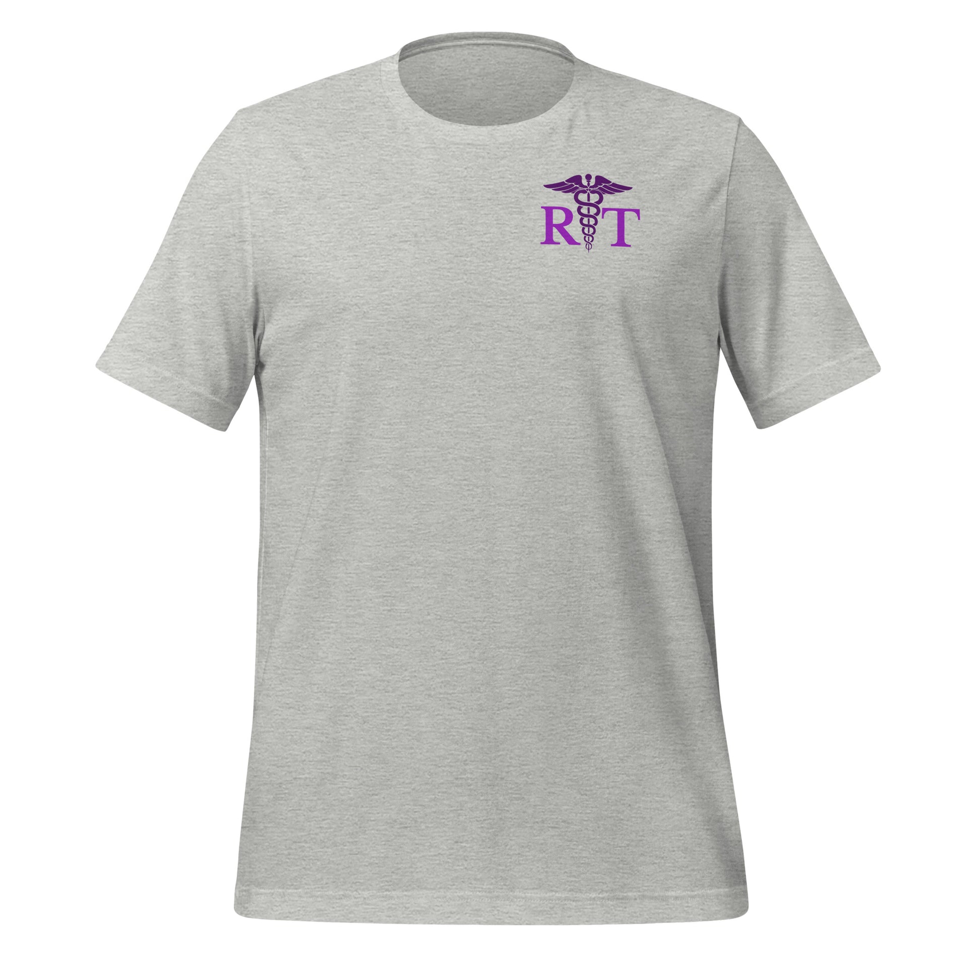 Light grey pastel RT t-shirt featuring a minimalist caduceus and “RT” design on the upper left chest, laid flat for a clean healthcare aesthetic