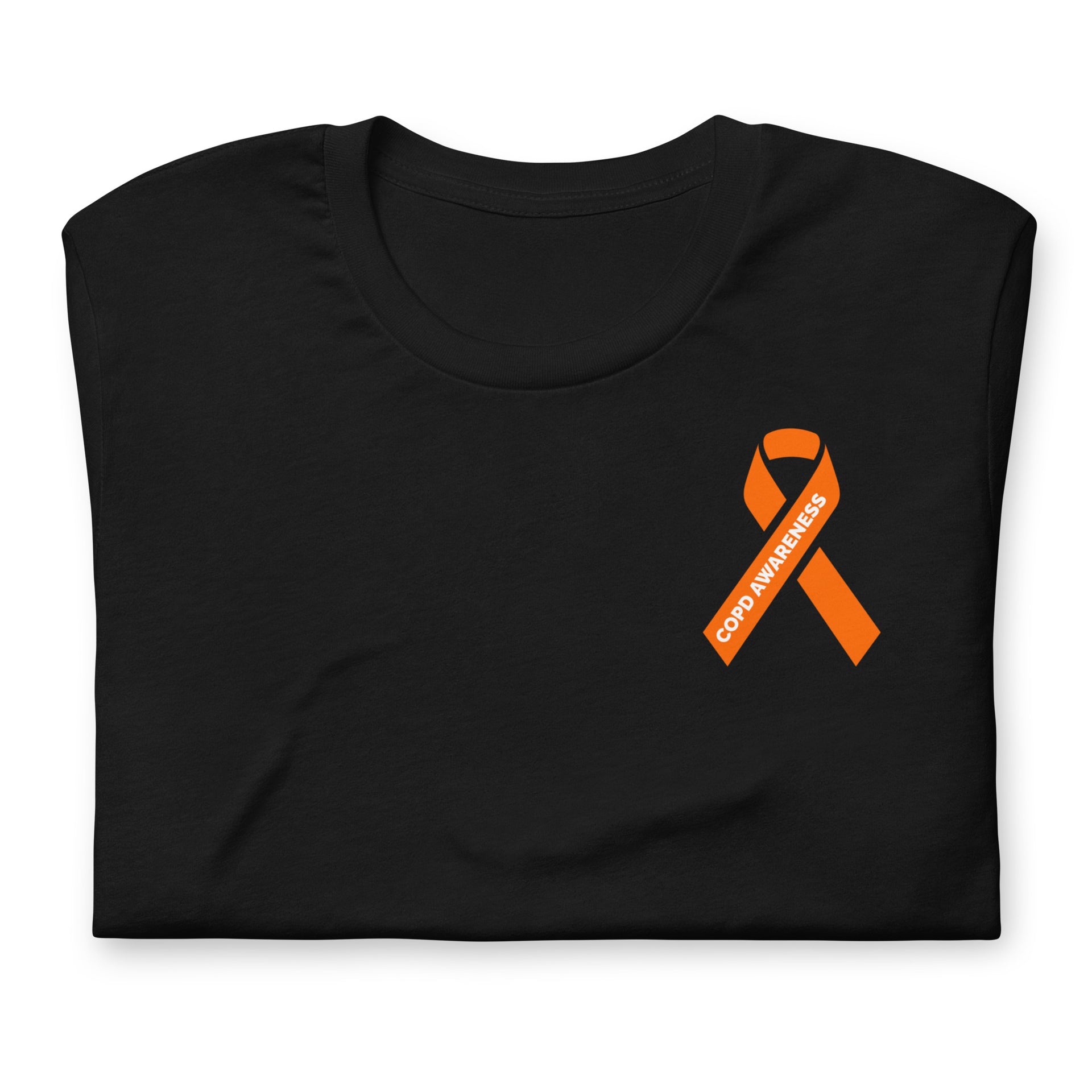 Black COPD awareness t-shirt with orange awareness ribbon and white COPD AWARENESS text for respiratory support