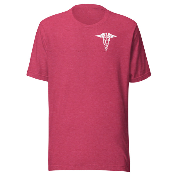 heathered pink t-shirt with caduceus and RT credentials mockup