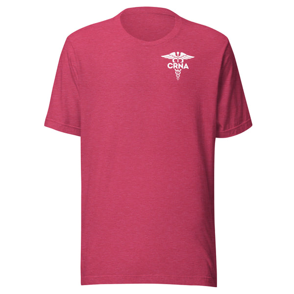 heather raspberry t-shirt with CRNA letters inside a caduceus design