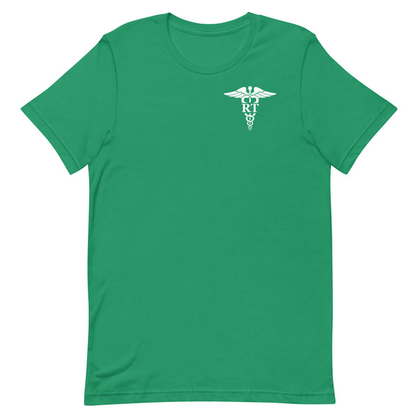 kelly green t-shirt with caduceus and RT credentials mockup