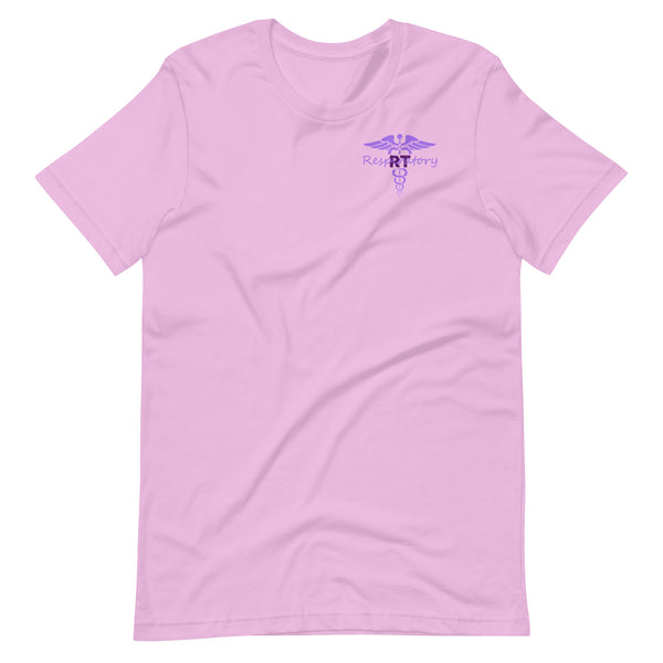 Product mockup light purple tshirt that says messy bun, scrubs, rubber gloves on the back and has a caduceus with respiratory written on the front