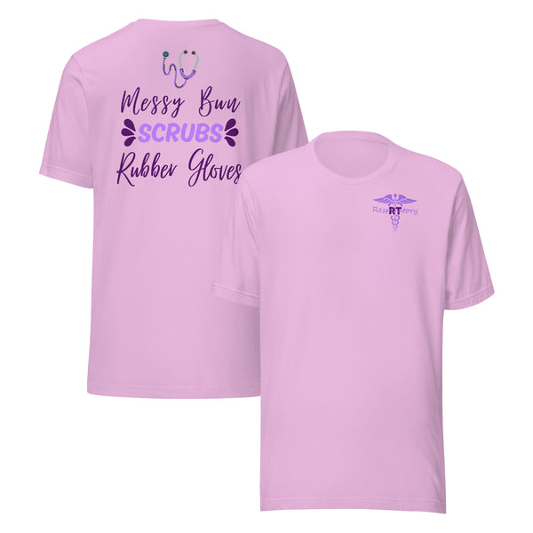 Product mockup light purple tshirt that says messy bun, scrubs, rubber gloves