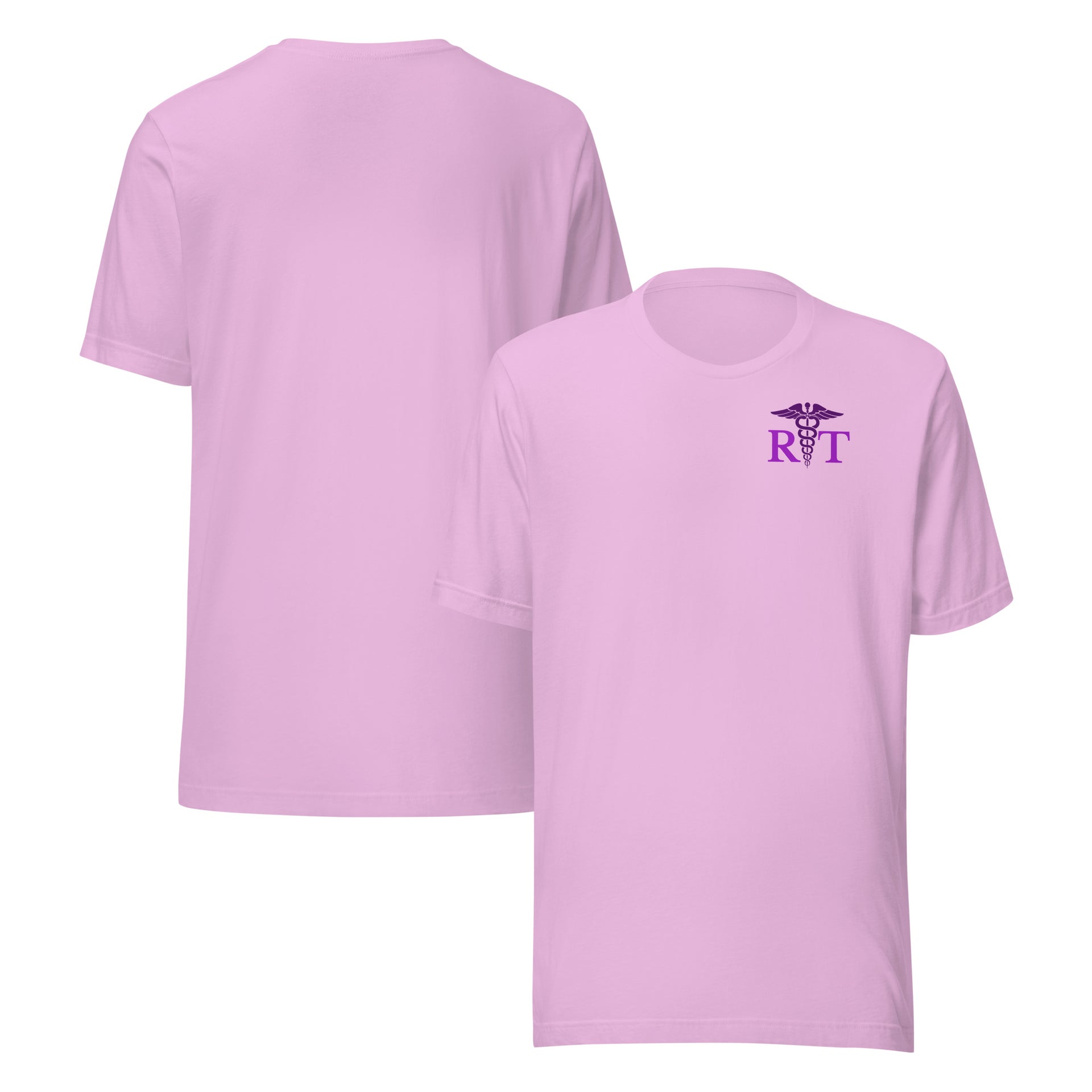 Lilac pastel RT t-shirt with a minimalist caduceus symbol and “RT” detail on the upper left chest, representing healthcare pride and off-duty comfort