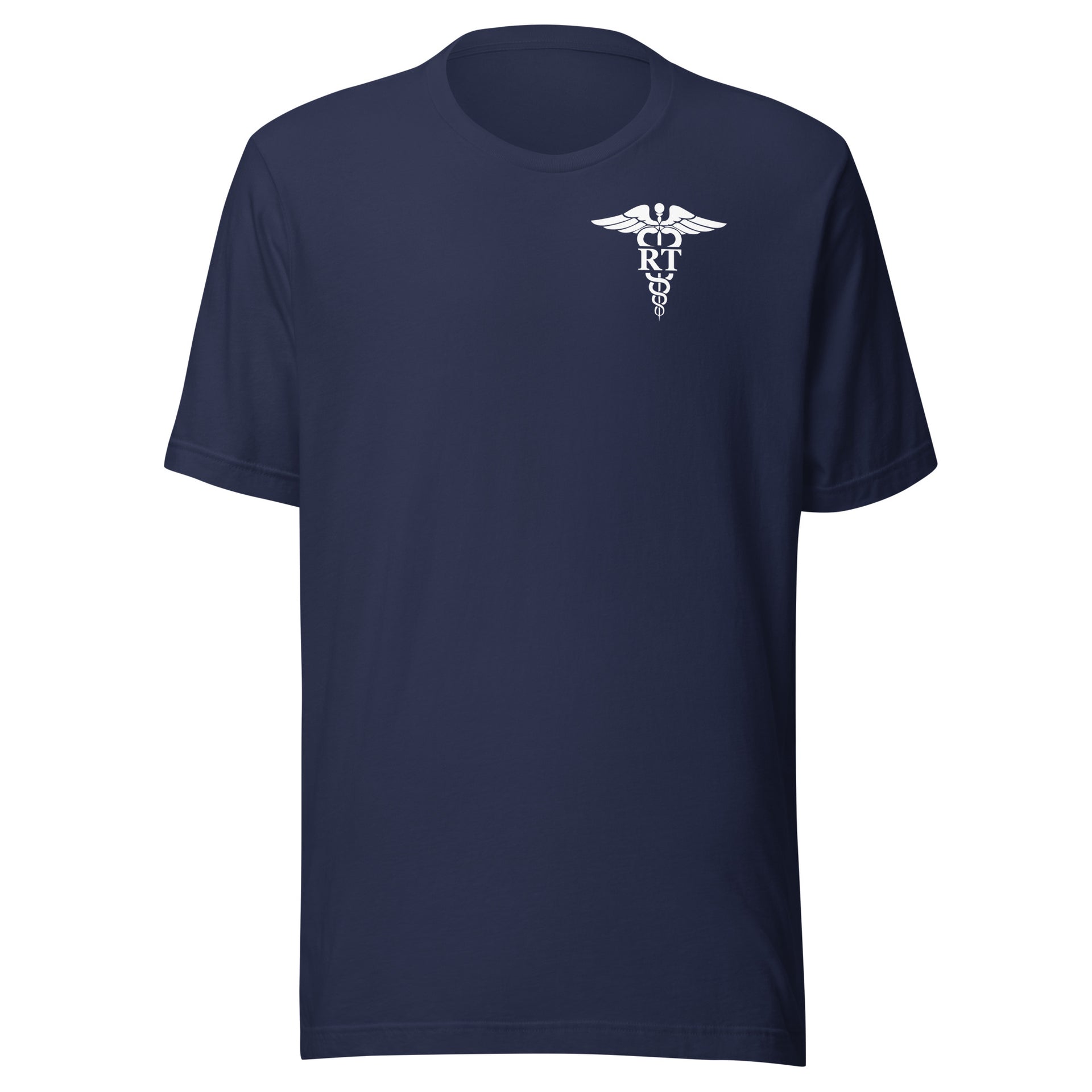 navy blue t-shirt with caduceus and RT credentials