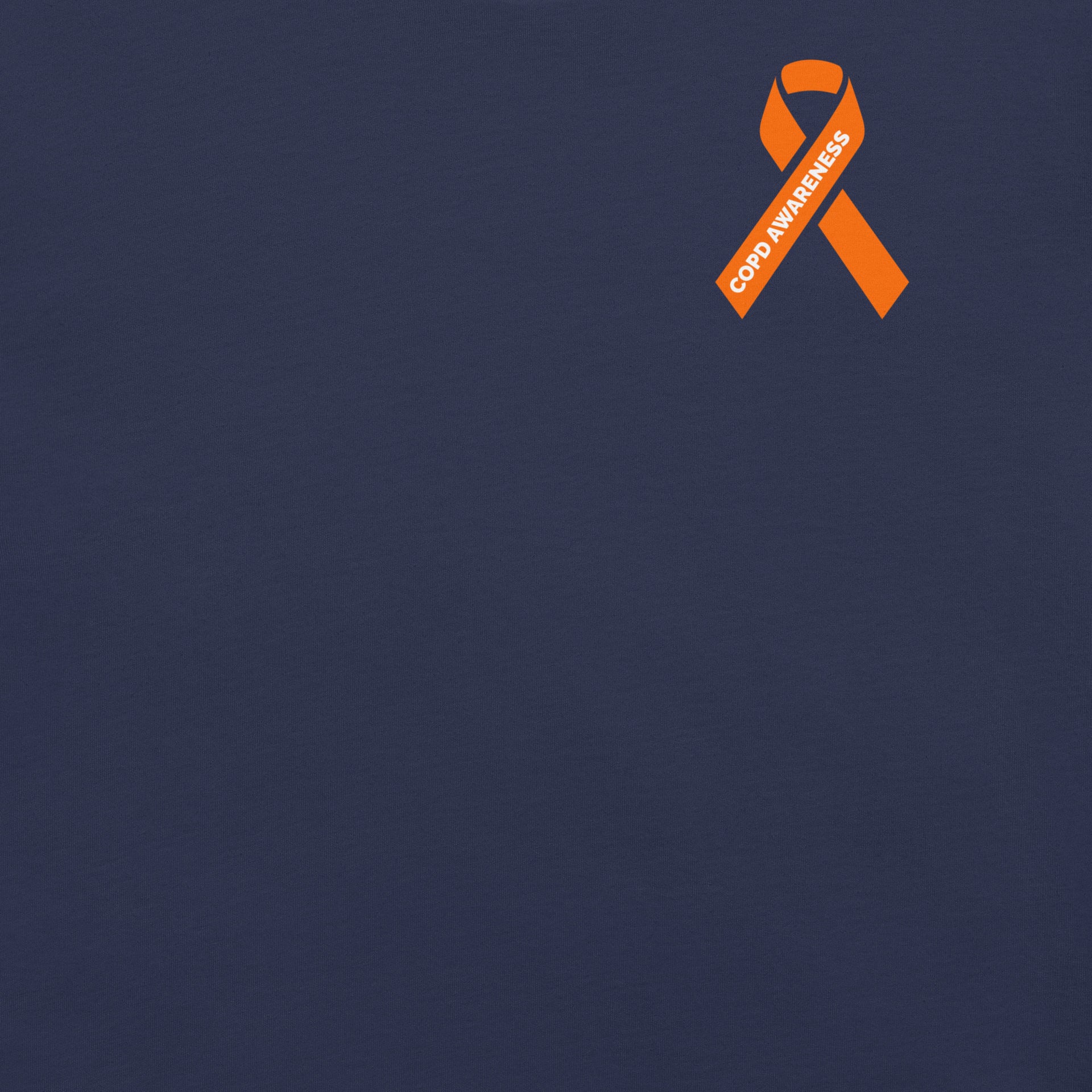 Navy blue COPD awareness shirt with orange ribbon graphic, designed for lung warriors, caregivers, and healthcare advocates