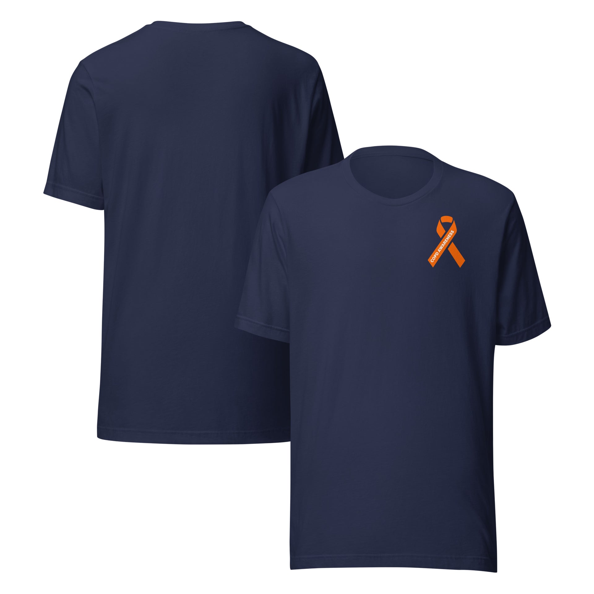 Navy COPD awareness t-shirt featuring orange awareness ribbon with white COPD AWARENESS lettering for lung disease support