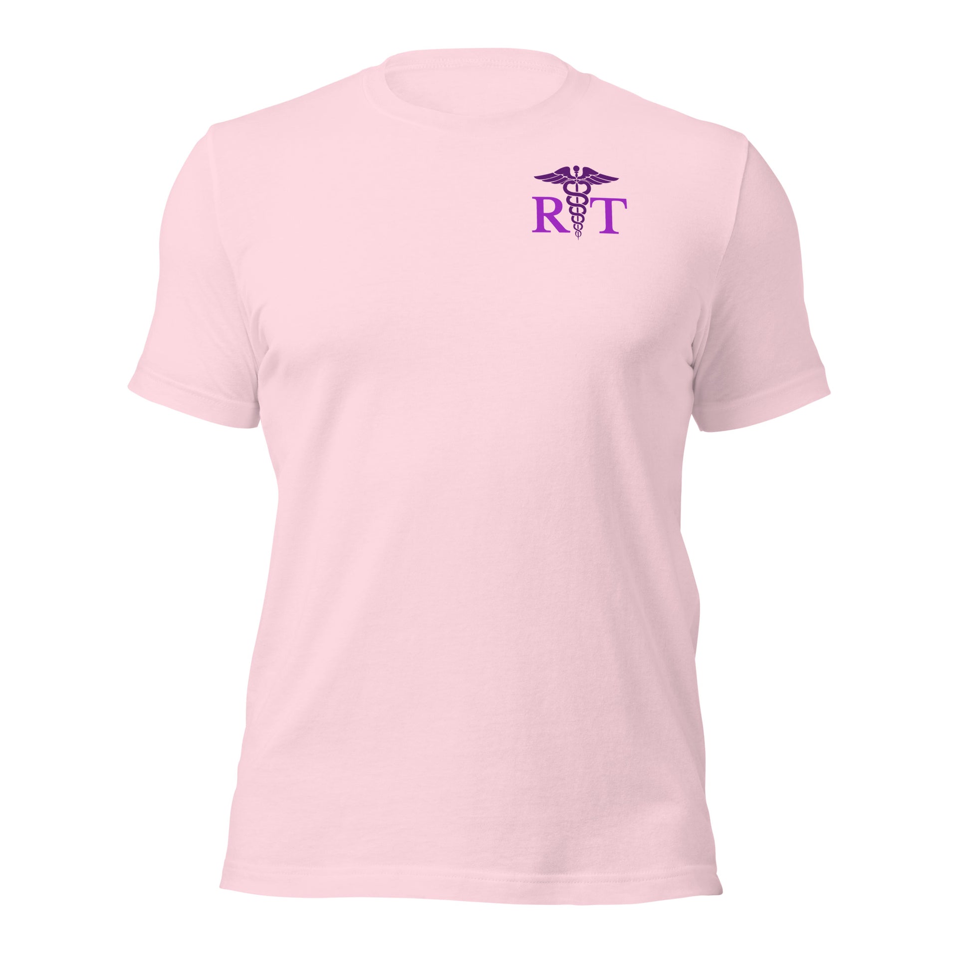 Soft pink pastel respiratory therapist t-shirt displaying a small caduceus and “RT” on the upper left corner, styled for calm healthcare lifestyle wear