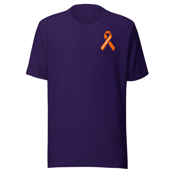 Dark purple COPD awareness t-shirt displaying orange ribbon with white COPD AWARENESS lettering for pulmonary awareness