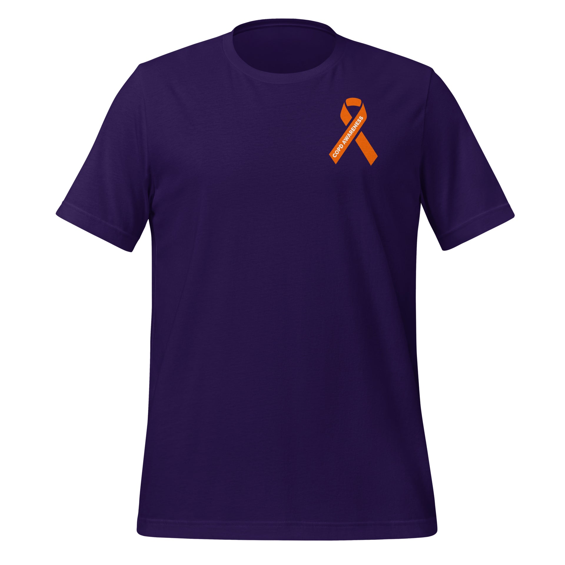 Dark purple lung health awareness shirt with orange ribbon symbol supporting chronic lung disease awareness