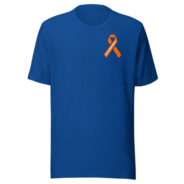Royal blue lung disease awareness shirt highlighting orange ribbon design supporting COPD education and advocacy
