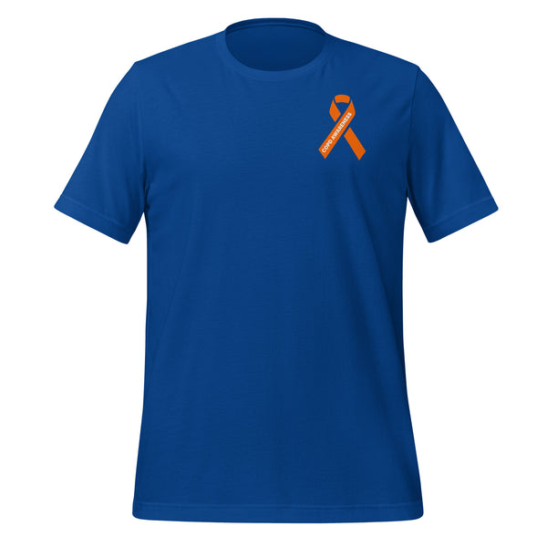 Royal blue COPD awareness t-shirt with bold orange ribbon and white COPD AWARENESS text for respiratory awareness