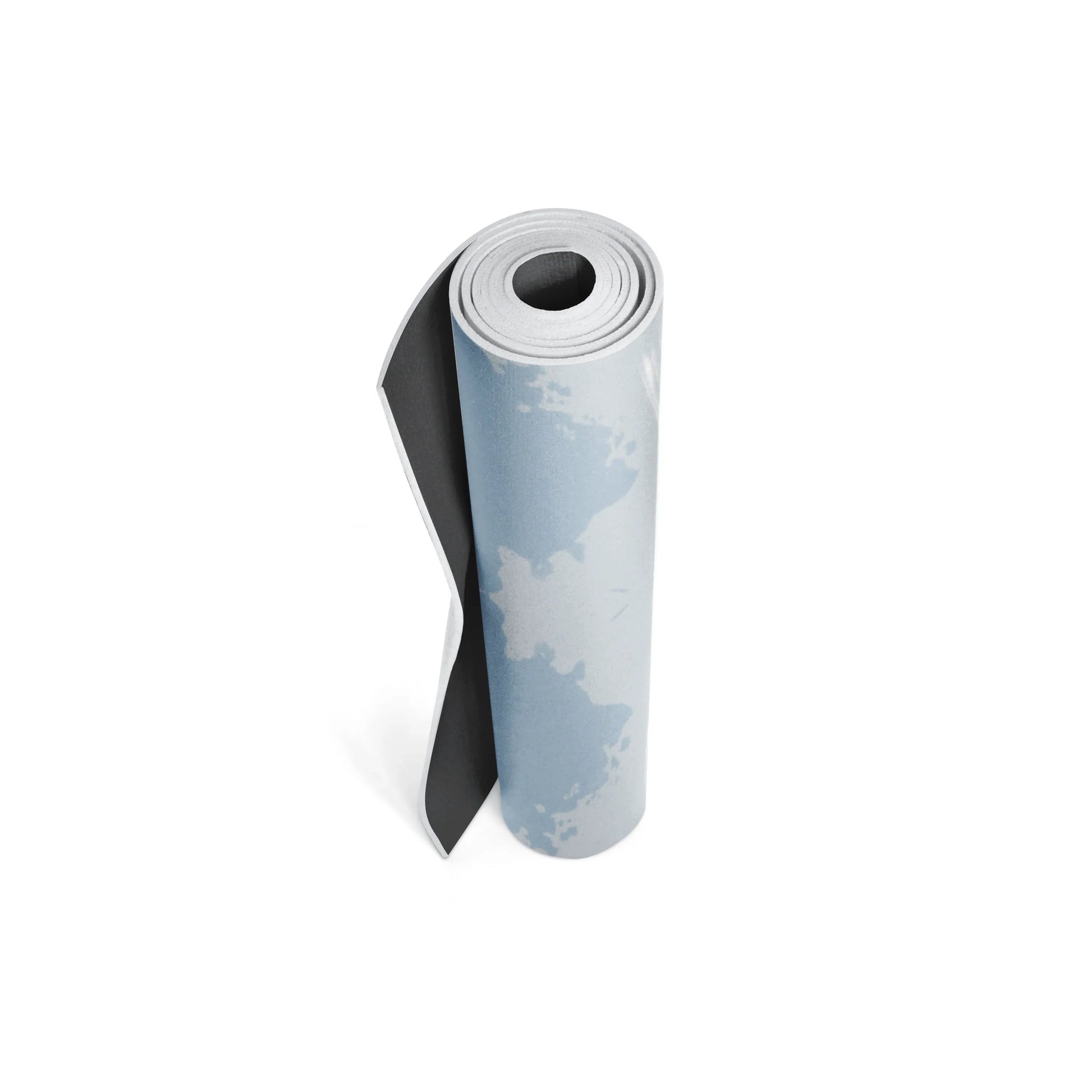 Rolled up yoga mat with a camouflage pattern on a white background