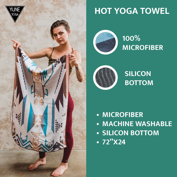 a woman holding a yoga towel with the towel specs