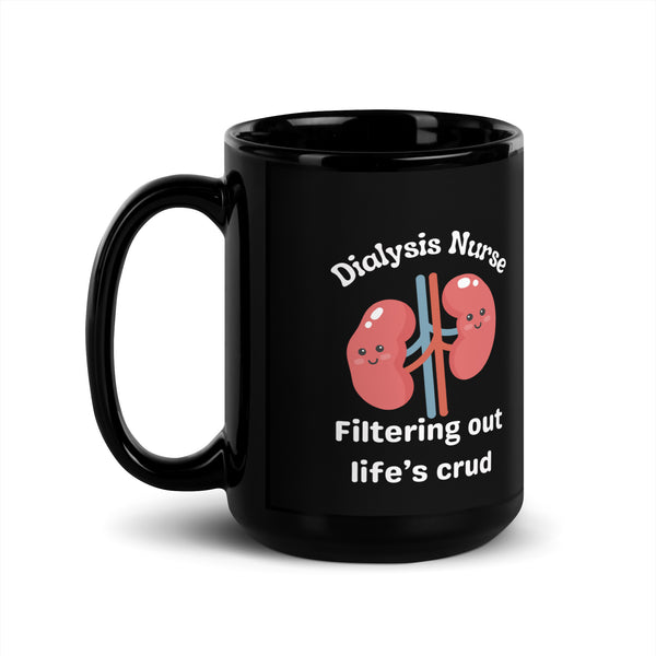 black ceramic mug with a picture of kidney's that says 